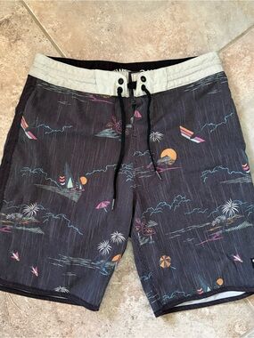 Billabong 73 Lo Tide Flamingo Palm Tree Board Short Swim Trunks Gray Beach Retro